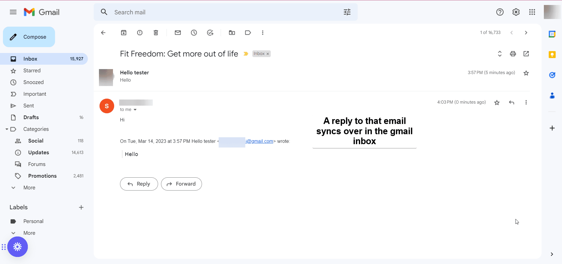 A contact's reply in Gmail syncs into Capture